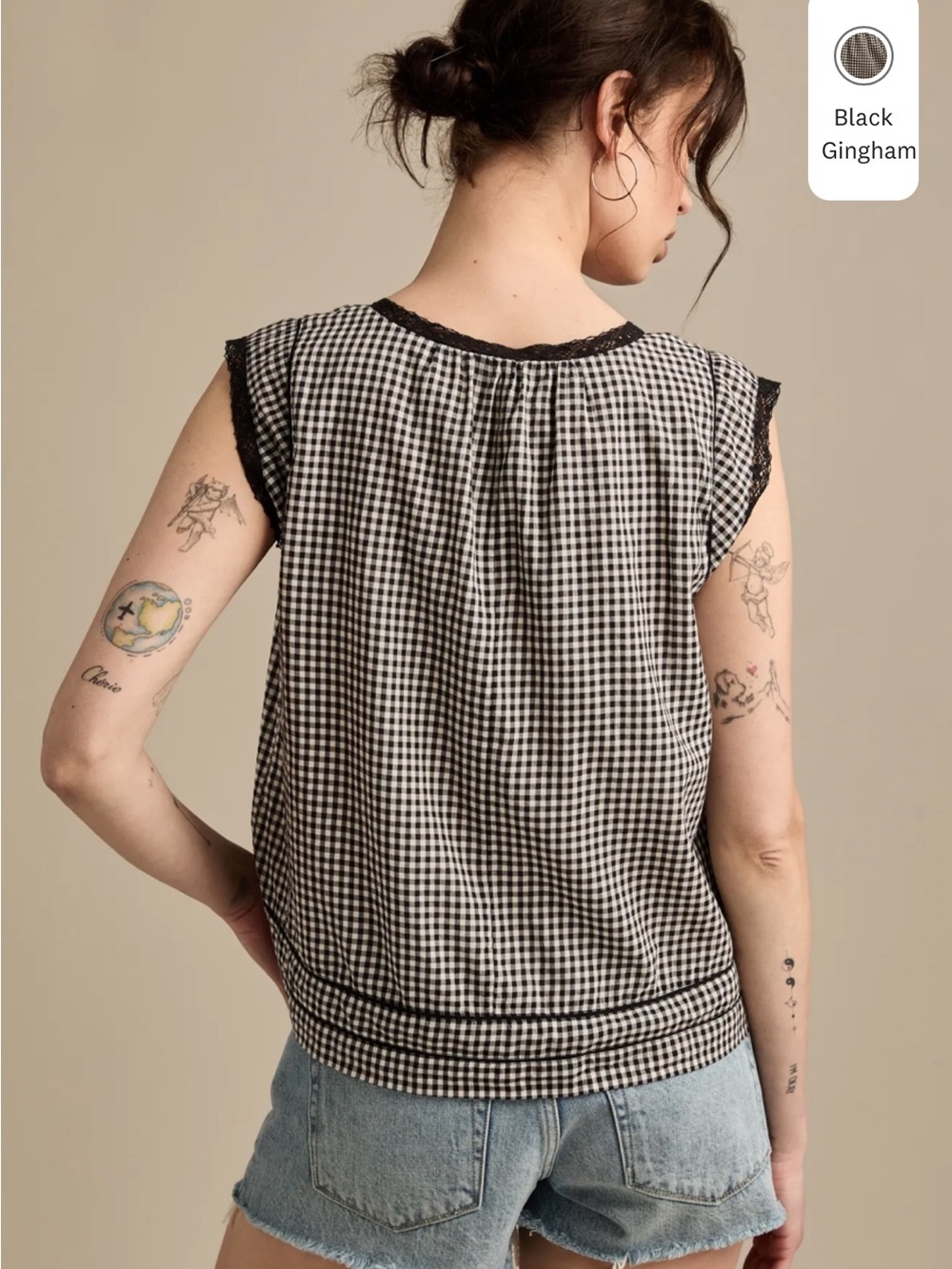 Lucky Brand Lace Trim Tank Top XXL Black Gingham Square Neck Cottagecore Boho - Picture 6 of 14